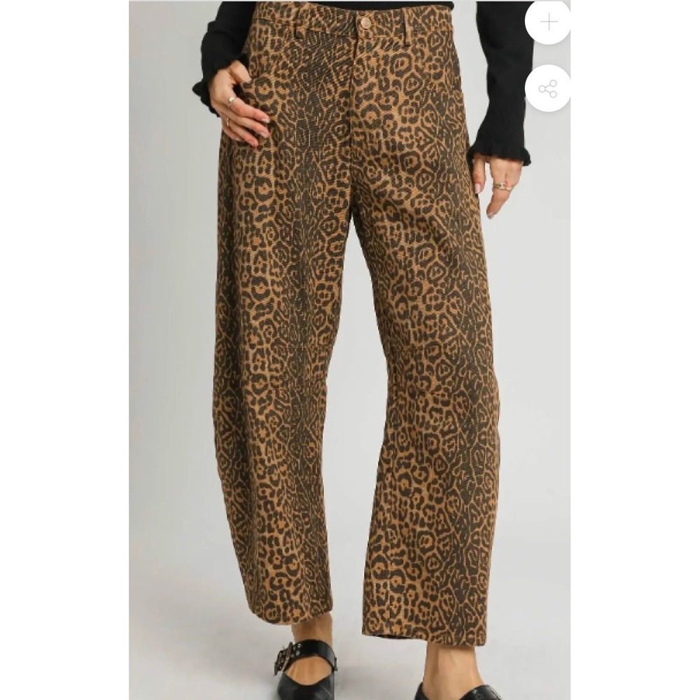 Umgee Pants Women S Tan Black Leopard Print Barrel Leg Elastic Waist Cotton NEW